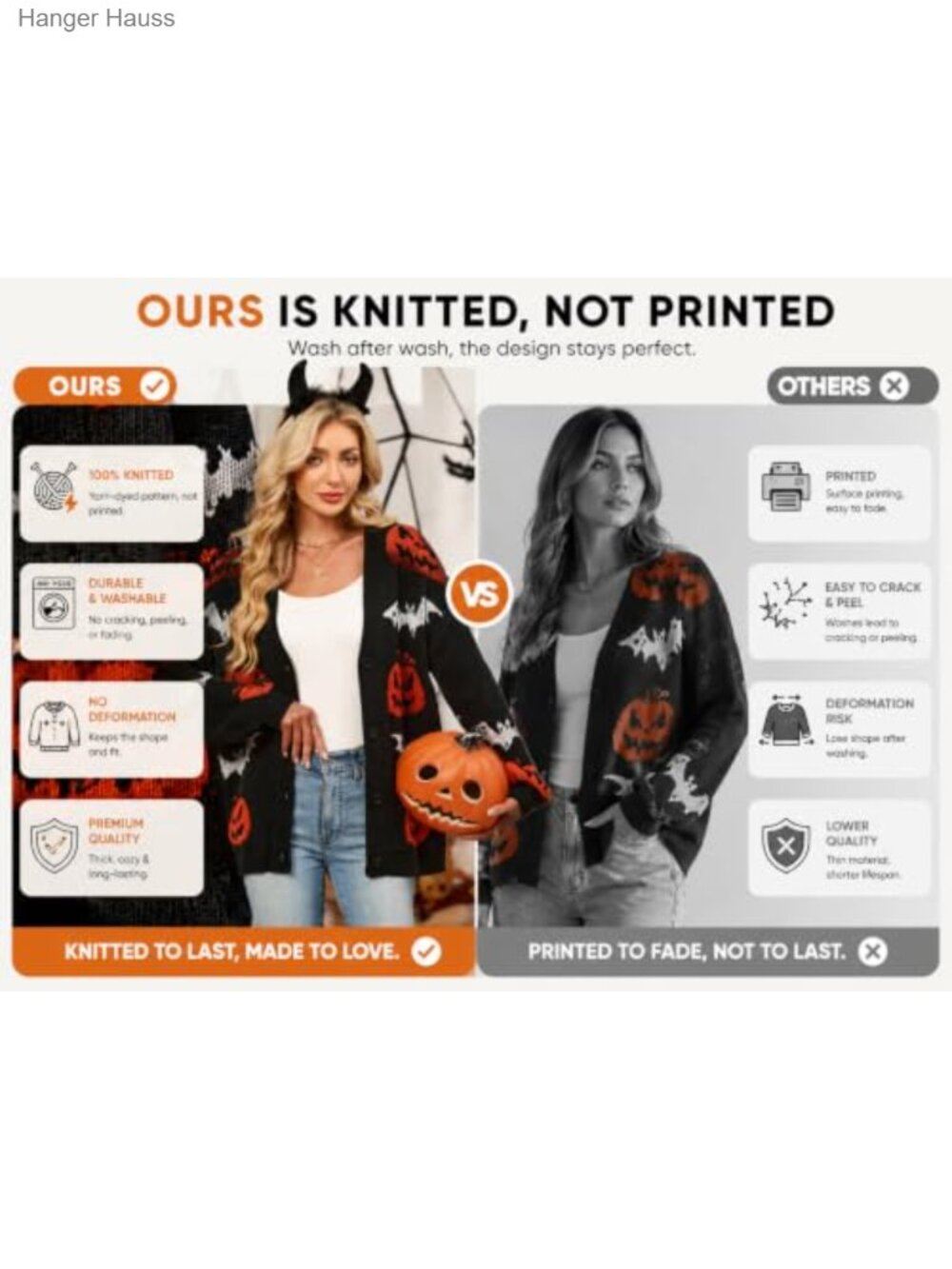 Halloween Pumpkin Bat Knit Cardigan Button Front V-Neck Loose Sweater - Picture 4 of 5